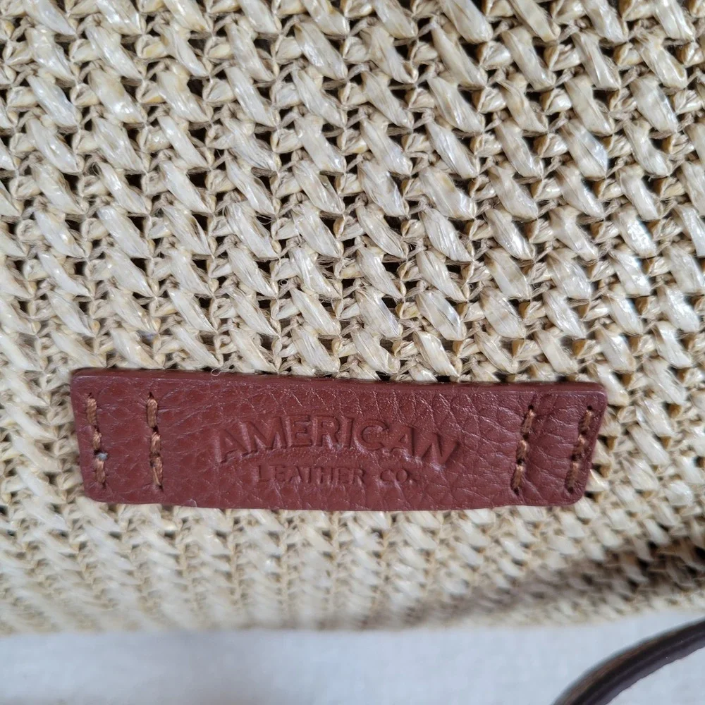 American Leather Co Womens Triple Entry Satchel Raffia Leather Bag Medium Tan
